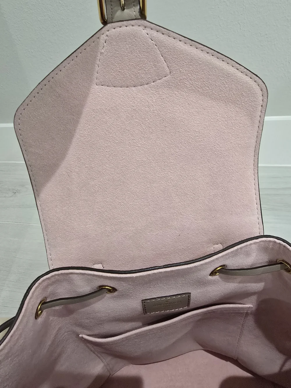 Louis Vuitton  Montsouris Backpack Turtledove Empreinte Leather Pink Interior